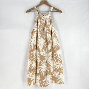 Gap Tie Back Halter Dress Womens 14 Brown White Linen Palm Print Relaxed Fit